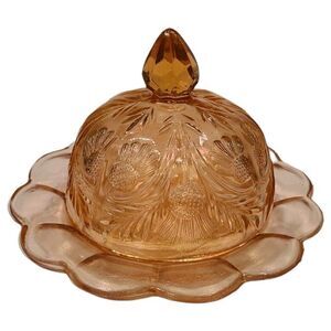 1970’s Mosser Blush Pink Glass Inverted Thistle Pattern Butter Cheese Dish EUC